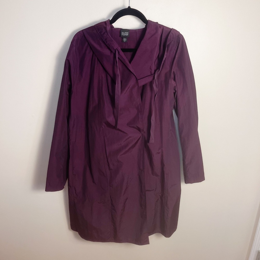 Eileen Fisher Coat Women M Purple Hooded Wrap Tie Back Cotton Nylon F9AK-1 - Picture 9 of 9